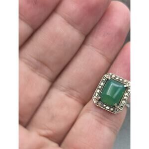 Art Deco Sterling Silver Green Chrysoprase Marcasite Square Ring